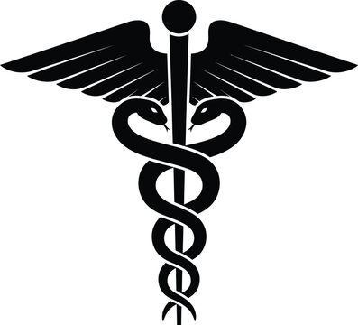 Caduceus symbol vector icon, featuring two intertwined snakes on a winged staff, representing healthcare and mythology.