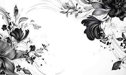 Abstract black ink illustration of floral patterns on a clean white background, intricate details enhancing the modern aesthetic