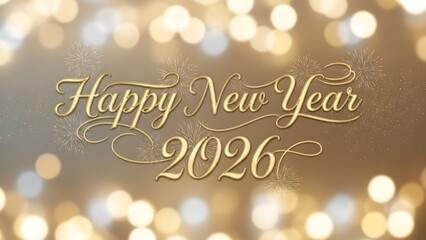 Warm Bokeh New Year's Greeting: Elegant Gold 2026 Script with Soft Sparkling Lights and Subtle Fireworks