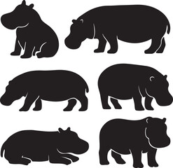Fototapeta premium Collection of Hippopotamus Silhouettes in Various Poses - Vector Graphics