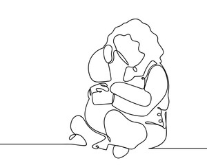 A little girl is hugging a large teddy bear, in a continuous line. Single line drawing vector illustration. Editable stroke.