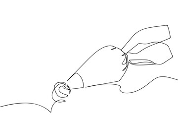 Whipped cream piping bag for cake decorating, creating continuous lines. Single line drawing vector illustration. Editable stroke.