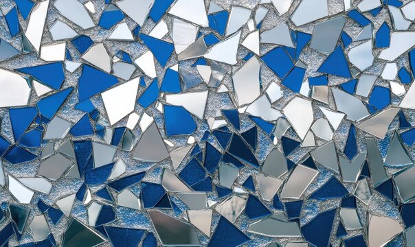 Abstract broken mirror pattern with intricate shattered glass fragments reflecting various shades of blue and silver
