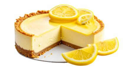 Slice of creamy lemon cheesecake with a graham cracker crust and garnished with lemon slices isolated on solid white background Png1