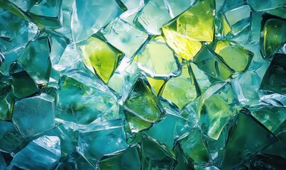 Abstract close-up of glass shards in shades of blue and green, illuminated by diffused light, creating a sharp yet elegant crystalline texture,