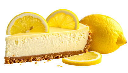 Slice of creamy lemon cheesecake with a graham cracker crust and garnished with lemon slices isolated on solid white background Png4
