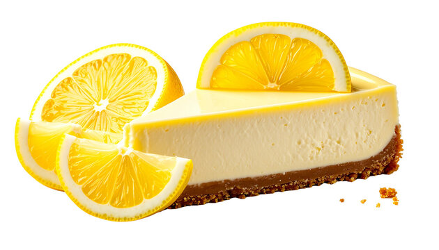 Slice of creamy lemon cheesecake with a graham cracker crust and garnished with lemon slices isolated on solid white background Png 2
