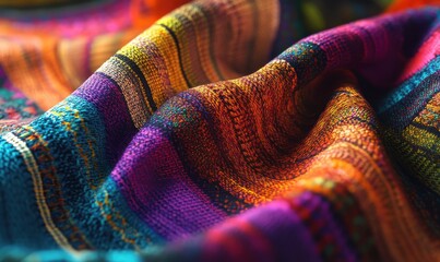 Abstract colorful fabric with intricate woven patterns, rich vibrant hues under soft ambient lighting creating a warm cozy aesthetic