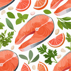 Seafood seamless pattern with pink salmon, vector illustration