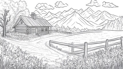 Cabin house sketch in mountain scenery with forest. Serene countryside scene for coloring books