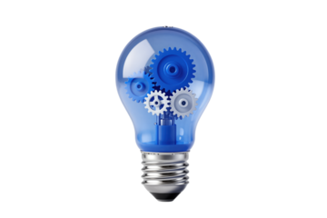 Blue light bulb with interlocking gears inside.