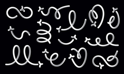 Set of voluminous white arrows on a blsck background. Liquid curves and swirl arrows, rotating up, down, and right, in the shape of a heart.