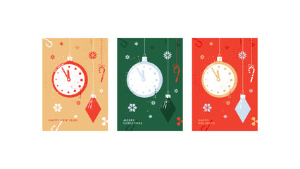 Christmas card with Christmas tree toys (clock, icicle, candy cane) and snowflakes in three color options