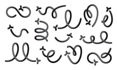 Set of voluminous blak arrows on a transparent background. Liquid curves and swirl arrows, rotating up, down, and right, in the shape of a heart.