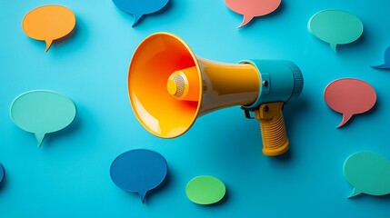 Bright yellow megaphone surrounded by colorful speech bubbles on blue background, symbolizing communication, marketing, voice expression, representing social media interaction and public announcement.