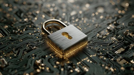 Cybersecurity digital lock glowing on a high-tech circuit board, symbolizing data protection, network security, and advanced technology concepts in modern computing