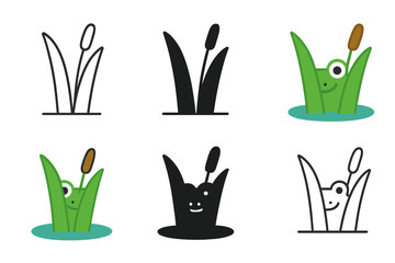 Fototapeta premium Stylized Frog Peeking. Frog peeking from behind cattail leaves in swamp, abstract minimal vector illustration, first in line style