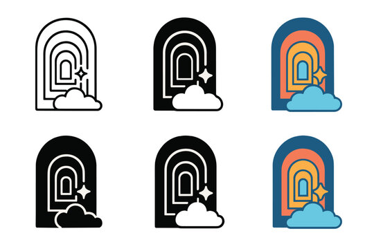 Recursive Dream Portals. Nested dream imagery with recursive portals and repeating objects, clean geometric minimal icon, first in