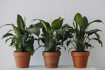 Obraz premium Three healthy Spathiphyllum (peace lily) plants in terracotta pots on a white background, showcasing glossy leaves and minimalist design. Ideal for home decor or gardening themes.