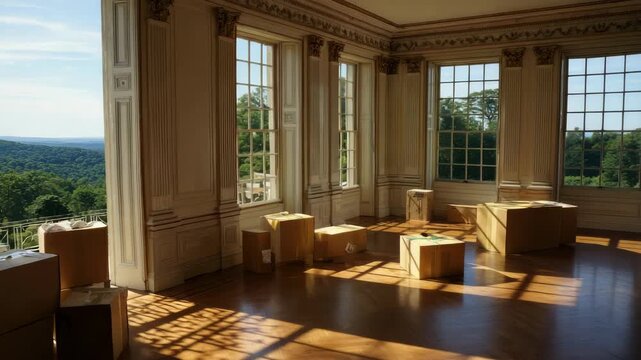 Elegant Room with Cardboard Boxes Against Large Windows with Sun Rays on Wooden Floors During Daytime, Exterior Trees View, Cream Walls, Moving In, Soft Lighting