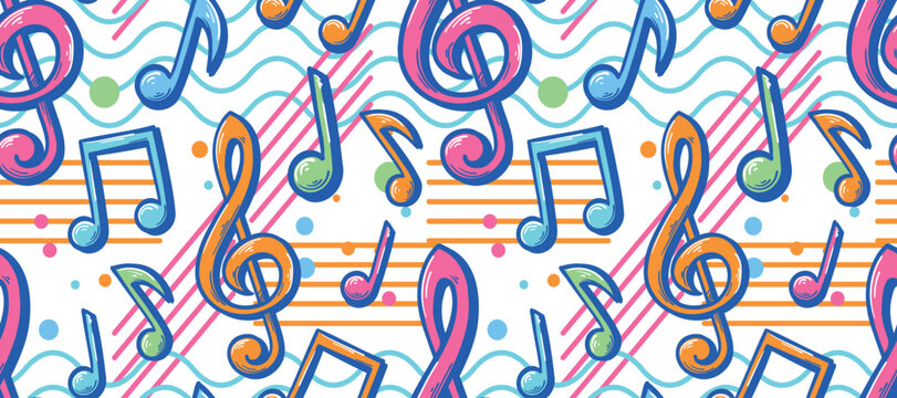 Colorful music theme clef and musical notes seamless pattern, vector illustration