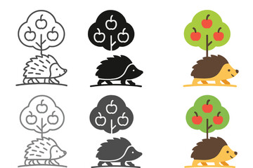 Fototapeta premium Hedgehog's Fruitful Journey. Hedgehog Apple Path, stylized animal icon walking peacefully under trees with fruit motifs, first in