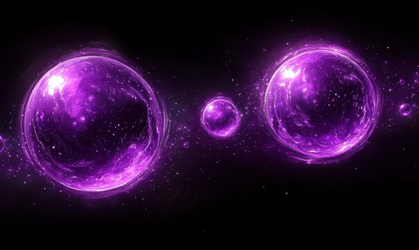 Abstract digital art of glowing purple orbs floating in a dark space, sharp contrasts and vibrant tones creating a futuristic cosmic scene, high-tech aesthetic,