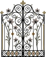 Decorative Wrought Iron Gate &ndash; Elegant Symmetrical Floral Scrollwork And Vintage Ornamental Metal Gate Illustration