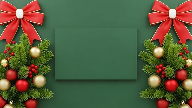 Christmas Wreath and Bow Decorative Frame on Green Background