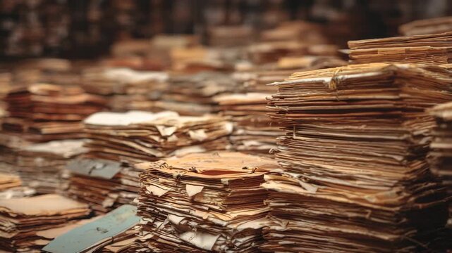 Piles of Aged Paper Documents with Brown Edges in Soft Focus Stacked Against Blurred Background Creating Texture and Depth