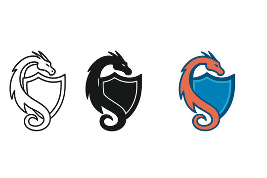 Dragon Defense Emblem. Dragon curled at base of shield forming outline of defense crest, smooth geometric flow, first in line