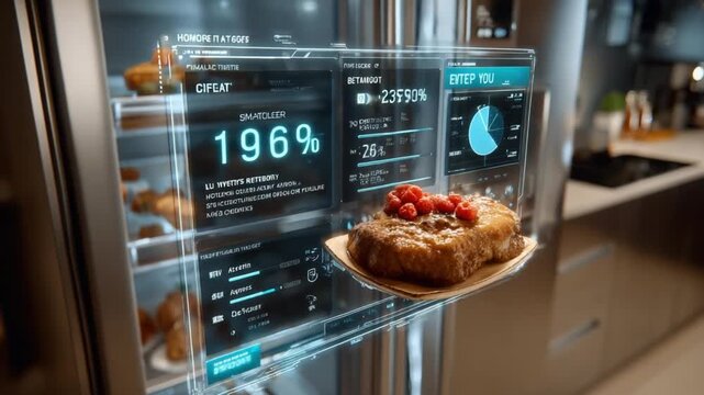 High-Tech Culinary: A smart refrigerator displays intricate digital information, showcasing a culinary delight on a transparent panel, blending technology and gastronomy.