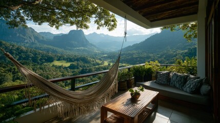 Relaxing Mountain View from a Cozy Balcony with a Hammock Surrounded by Lush Greenery and Scenic Landscape in a Tranquil Setting