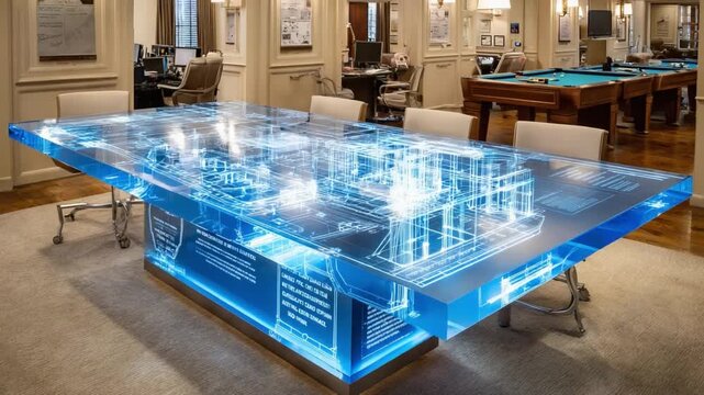 Architectural Blueprint: An impressive view of the modern conference table that elegantly displays an architectural blueprint, symbolizing vision and collaboration.