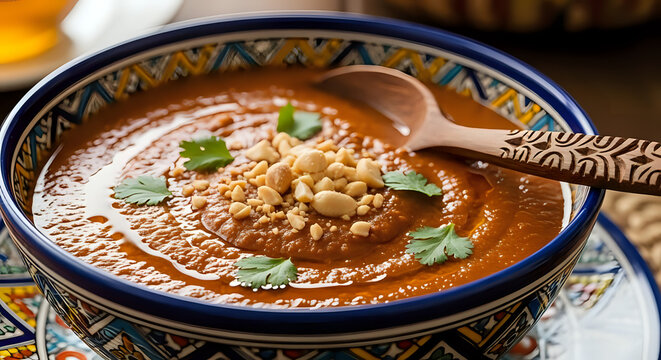 Delicious african peanut soup maafe or groundnut stew served in a traditional patterned bowl with a wooden spoon and garnished with chopped peanuts and fresh cilantro leaves