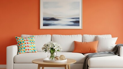 Stylish Sofa with Colorful Cushions, Bright Orange Wall, Interior Design, Home Environment, Inviting View