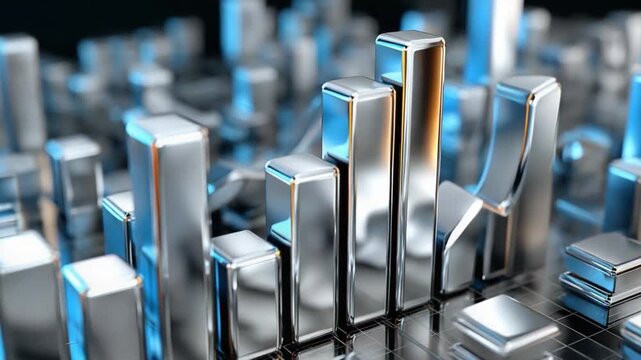 Data Visualization: Metallic bar graphs rise prominently, a visual representation of the surge in data, numbers, and key performance indicators (KPIs), symbolizing growth.