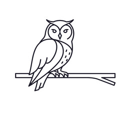 A stylized outline drawing of an owl perched on a branch silhouette isolated on white background