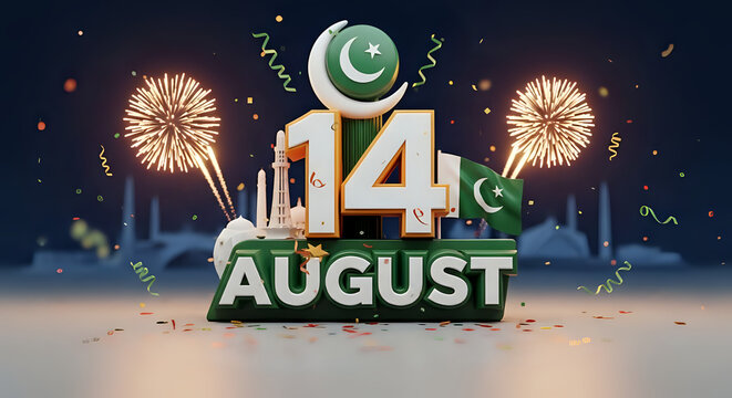 3d rendering of 14 august pakistan independence day celebration with fireworks and crescent moon symbol - Powered by Adobe