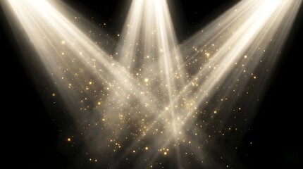 Golden light beams with glitter particles on a dark background, cinematic spotlight effect for creative overlay design