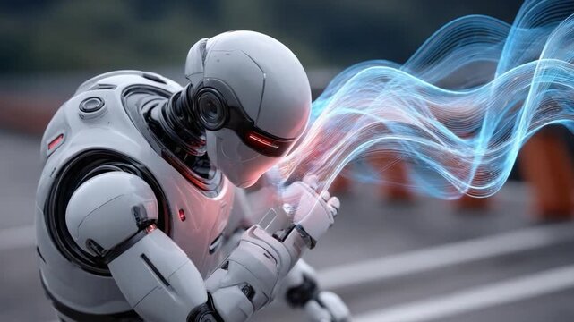 Technological Advancement: A cutting-edge robot generates a mesmerizing display of energy, symbolizing innovation and progress in a futuristic setting.