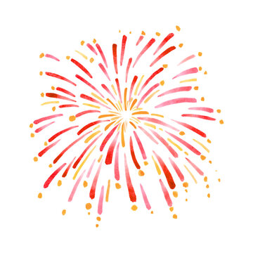 A vibrant watercolor illustration of a firework explosion with red, pink, and yellow streaks radiating outwards, creating a festive and celebratory display.