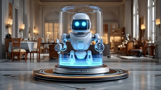 Robot in a Glass Case: A sleek and modern robot is encased within a transparent glass display, a symbol of cutting-edge technology and innovation.