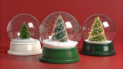 Three christmas snow globes with miniature evergreen trees on a solid red background
