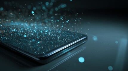 Futuristic smartphone surrounded by glowing digital particles, showcasing advanced mobile technology, innovation, connectivity, and immersive multimedia experience in a modern digital environment