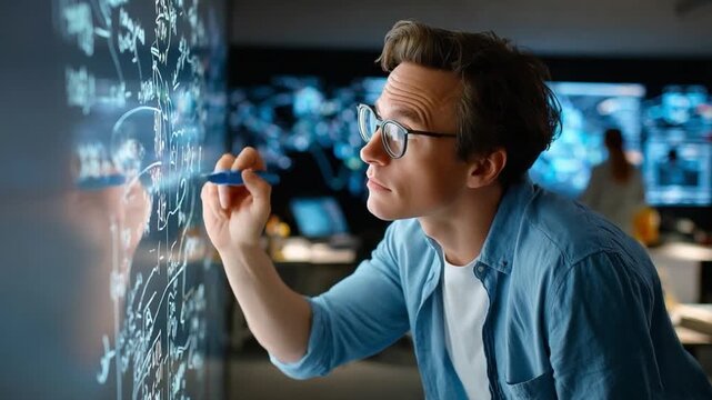 Analytical Insight: A focused individual, illuminated by soft light, meticulously annotates a complex technological display, engaged in intense data analysis and strategic planning.