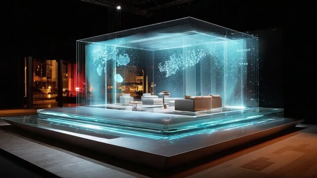 Futuristic Interior Design: A contemporary interior is encased within a sleek, illuminated glass cube, with glowing digital projections dancing across its surfaces.