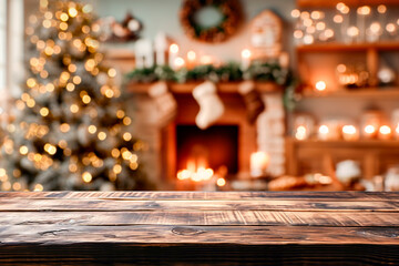Empty wooden table for present product on christmas tree and house winter decorated background.