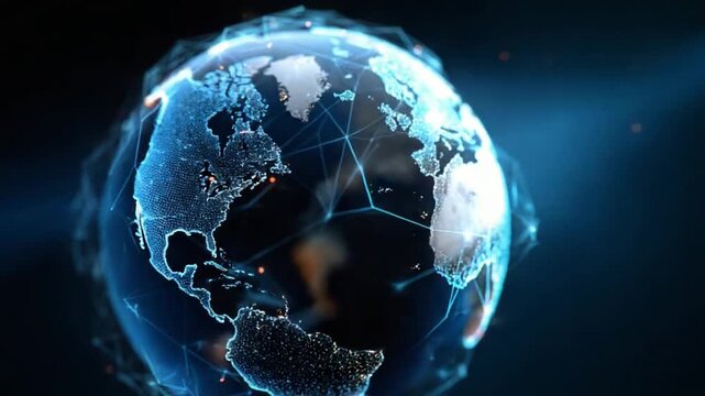 Global Connectivity: A luminous globe is intertwined with a network of interconnected digital lines, representing the complex web of global communication and data flow.
