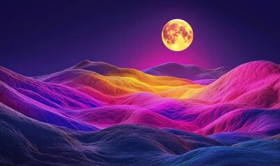 Abstract futuristic landscape with glowing neon hills and a full moon in the sky, vibrant purple, pink, and yellow tones creating a surreal scene,